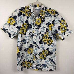 Columbia PFG Mens Small White‎ Yellow Tropical Fish Floral Vented Fishing Shirt